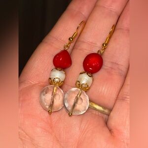 Valentine Earrings • Artisan Coral & Pearl •One-of-a-Kind Vintage Crystal Drops